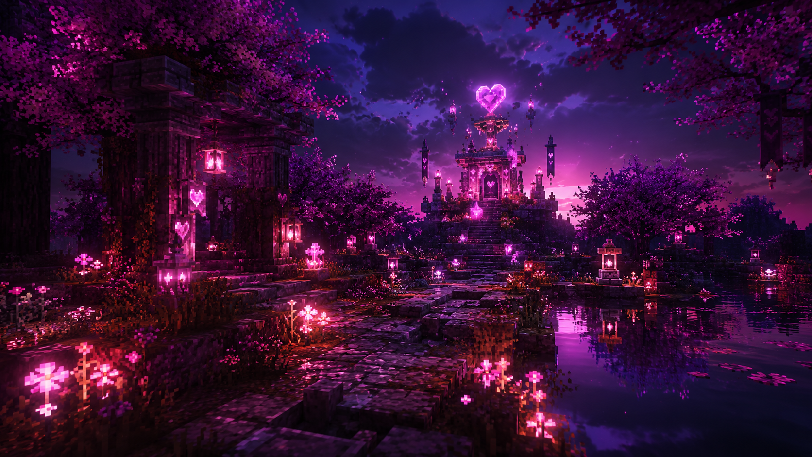 Enchanted Soul Bound ruins with glowing heart lights and a moonlit lake